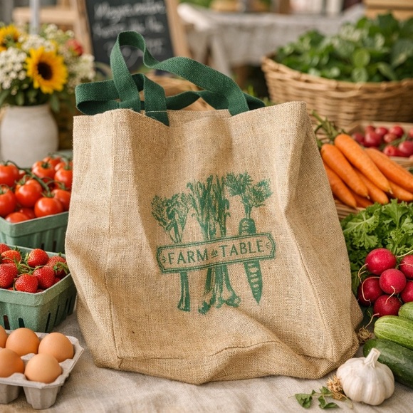 Handbags - Farm to Table Burlap Tote Bag with Green Handles
